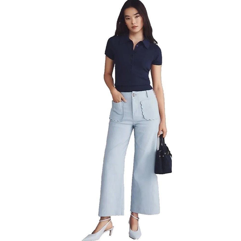Maeve Colette Scallop Pocket Crop Wide Leg Pants Blue 33 Anthropologie